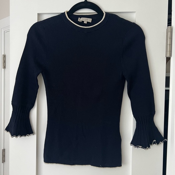 Navy Ribbed Wool Hobbs London Crewneck Ruffle Sweater [Small] - Picture 1 of 4